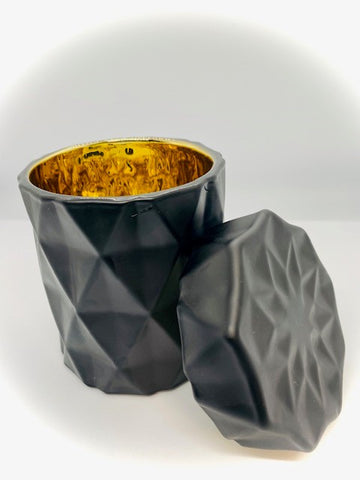 Matt Black & Gold Diamond Cut Candle with Lid